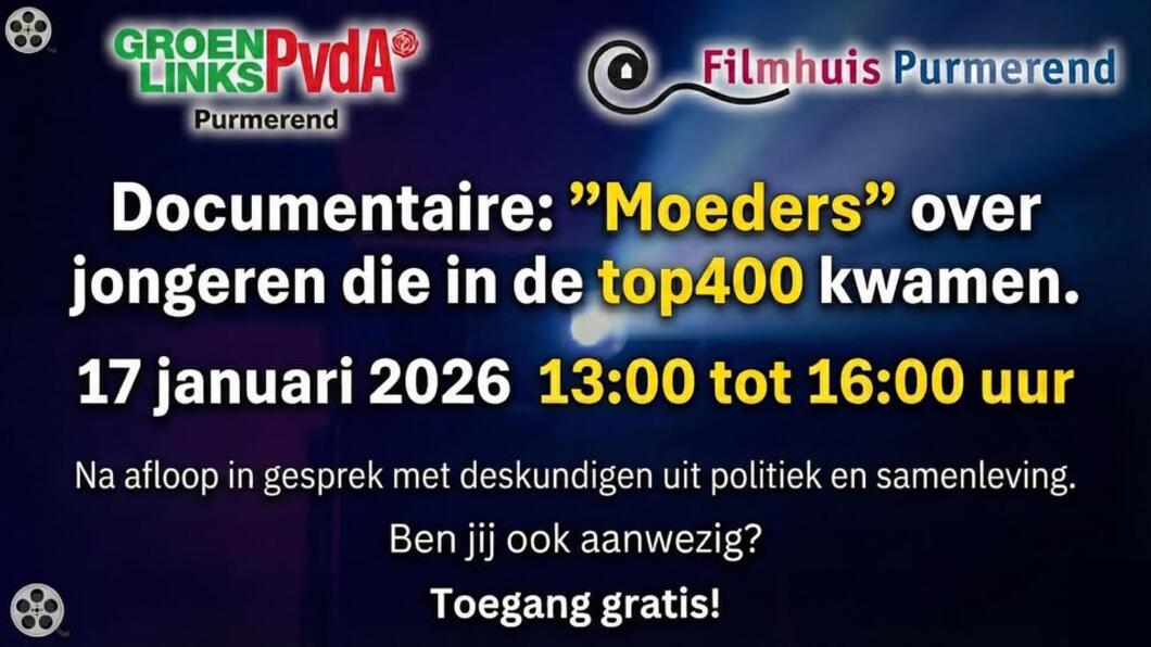 Aankondiging van de documentaire "Moeders" op 17 januari 2026 in het Filmhuis Purmerend