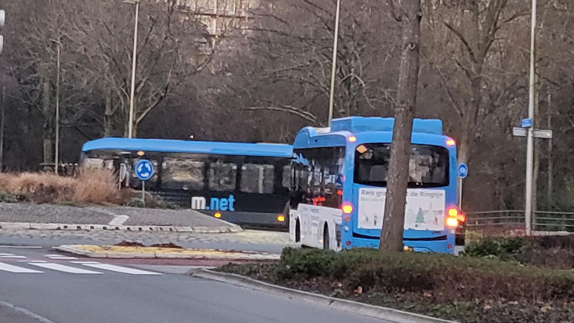 Bus 101 en bus 102 samen op de rotonde Salvador Allendelaan en Martin Luther Kingweg
