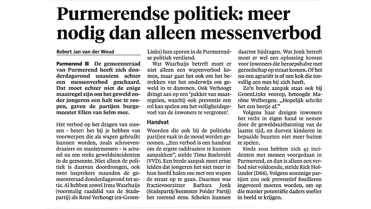 Artikel over het messenverbod in Purmerend, Dagblad Waterland, 28 juli 2023