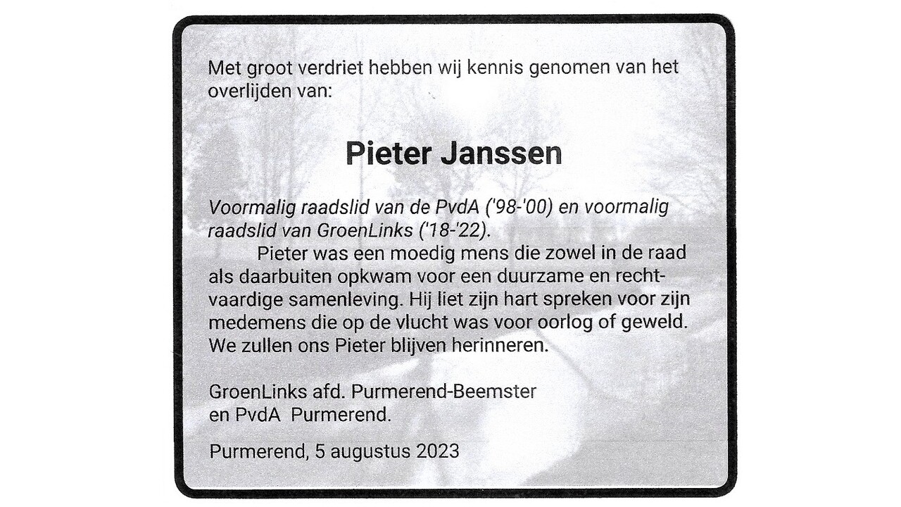 Rouwadvertentie Pieter Janssen door GroenLinks en PvdA, Dagblad Waterland, 5 augustus 2023