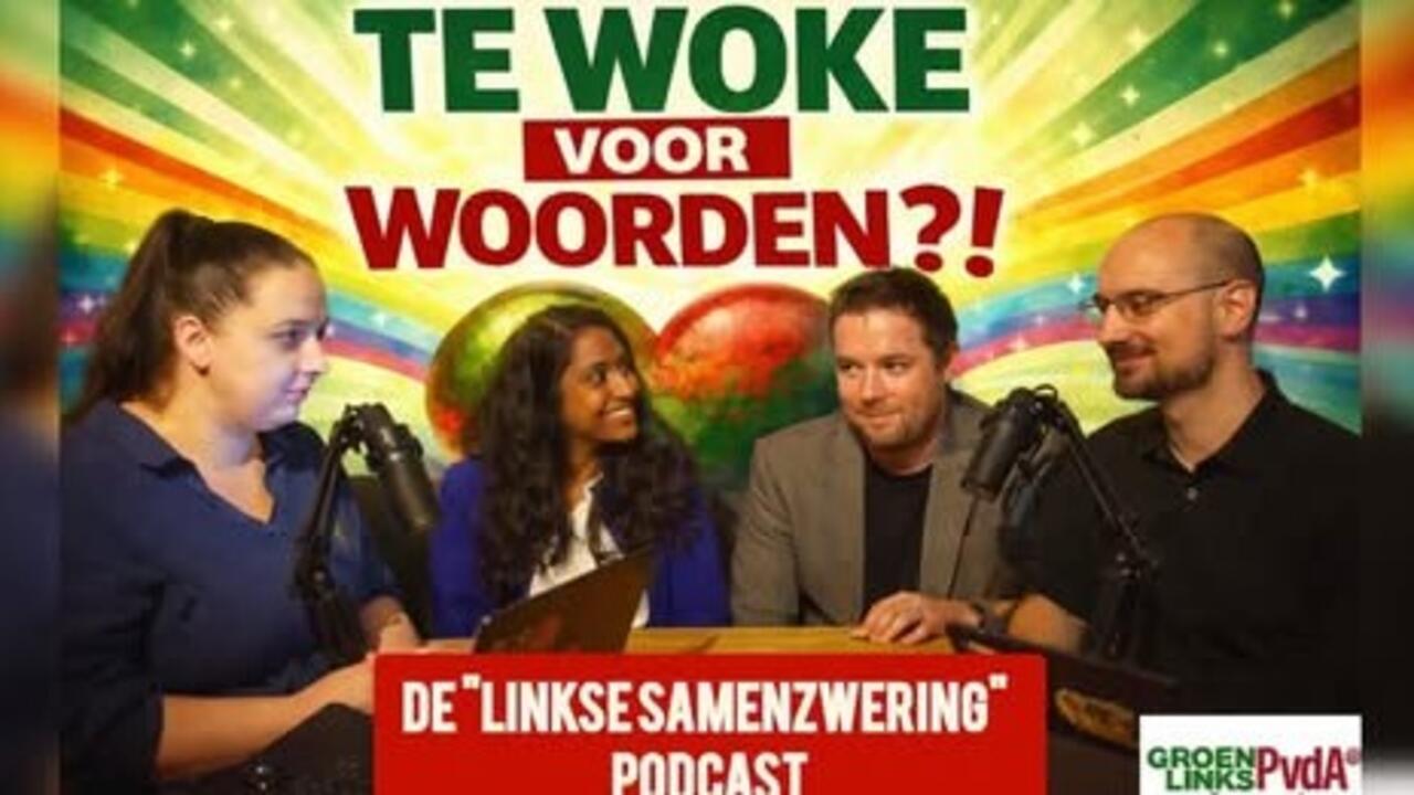 Openingsbeeld van de podcast Te Woke voor Woorden?! met Marône Welbergen, Sanda van Dam, Mark Intres en Ruben van Kuik